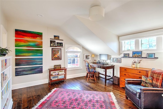 office with vaulted ceiling and dark hardwood / wood-style floors