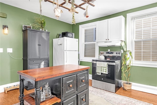 kitchen with light hardwood / wood-style flooring, gray cabinets, white cabinetry, stainless steel electric range oven, and white fridge