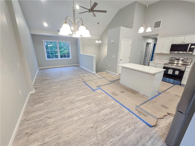 650 Reservoir Rd, Burrillville, RI 02859 - kitchen featuring a center island, stainless steel appliances, white cabinets, visible vents, and light countertops
