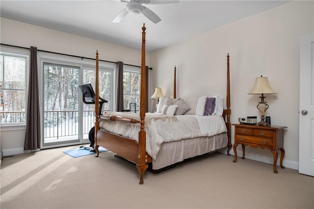 bedroom featuring ceiling fan, carpet floors, and access to outside