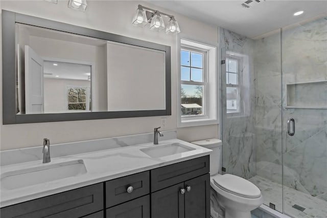 bathroom featuring vanity, toilet, an enclosed shower, and a wealth of natural light