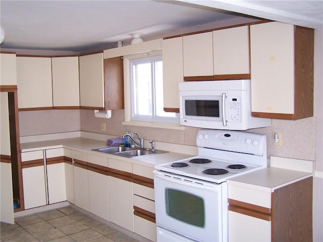 kitchen featuring sink, white cabinets, and white appliances