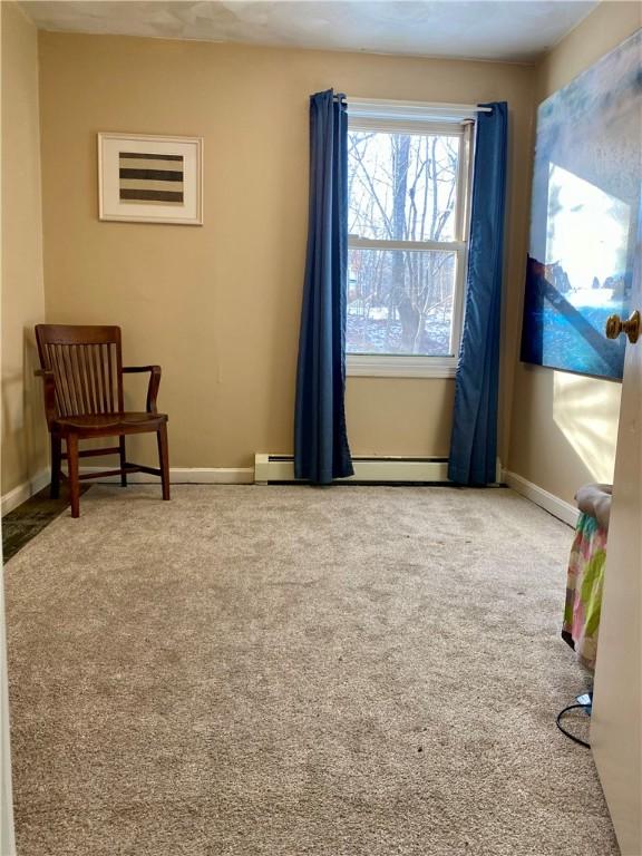 sitting room featuring baseboard heating and carpet floors