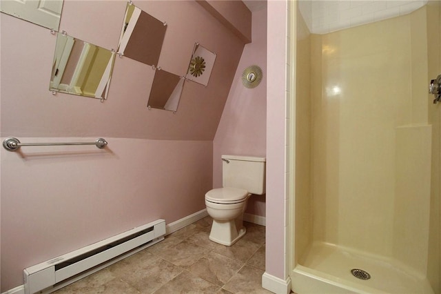 bathroom featuring a baseboard radiator, toilet, and walk in shower