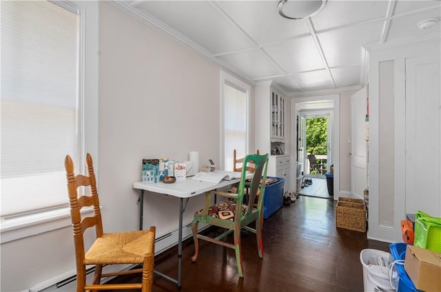 home office featuring baseboard heating and dark hardwood / wood-style flooring