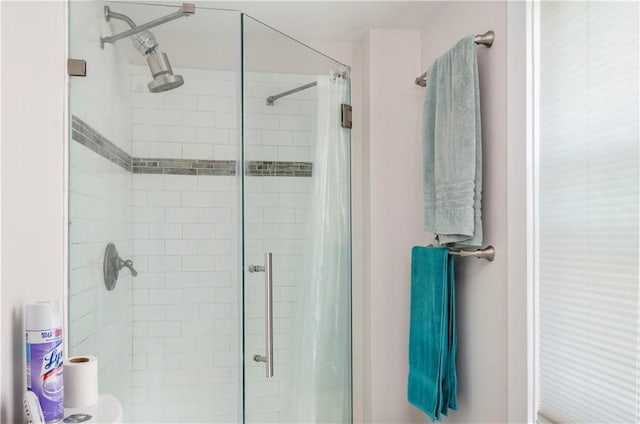 bathroom with a shower with shower curtain