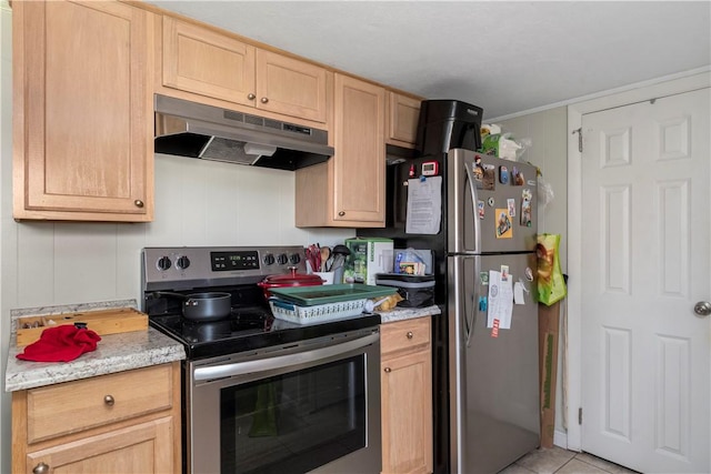 kitchen featuring appliances with stainless steel finishes, light stone countertops, light tile patterned floors, and light brown cabinets