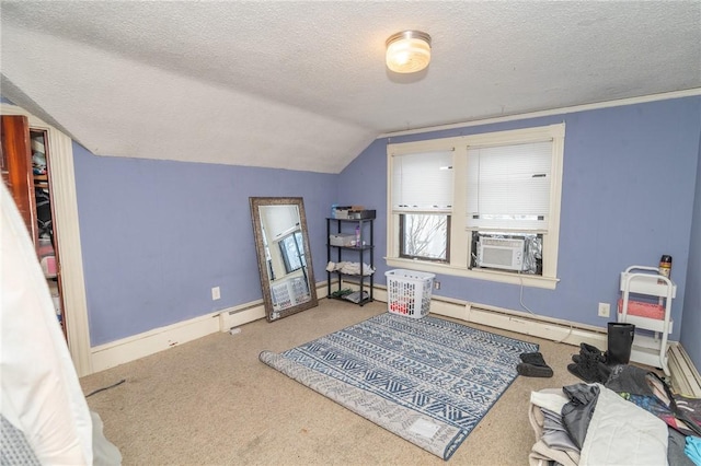 interior space featuring a baseboard radiator, lofted ceiling, cooling unit, and a textured ceiling