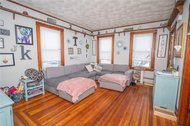 living room featuring ornamental molding, plenty of natural light, dark hardwood / wood-style floors, and a baseboard heating unit