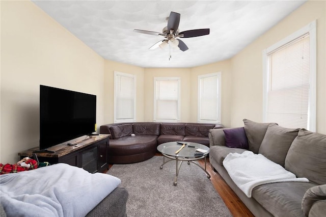 living room featuring ceiling fan, wood-type flooring, and plenty of natural light