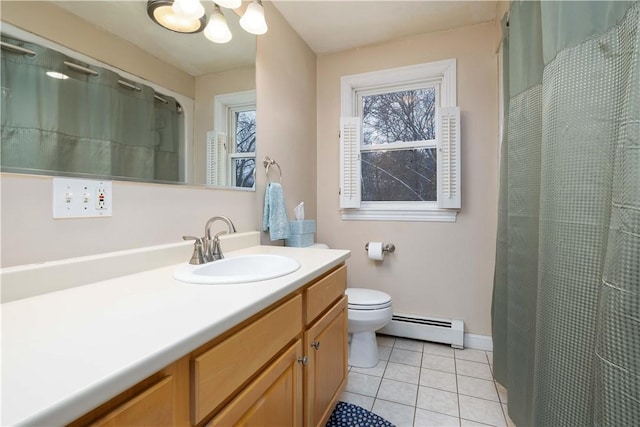 bathroom featuring tile patterned flooring, a baseboard heating unit, vanity, toilet, and walk in shower