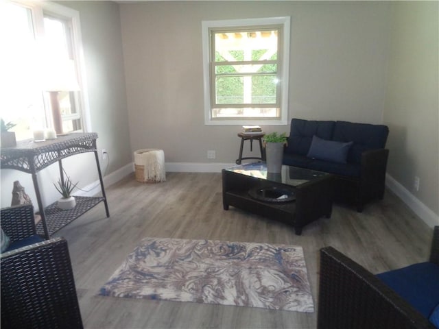 living area with a wealth of natural light and light wood-type flooring