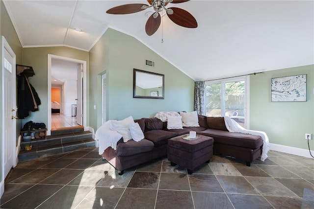 living room with vaulted ceiling, ornamental molding, and ceiling fan