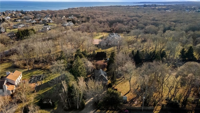 aerial view featuring a forest view and a water view