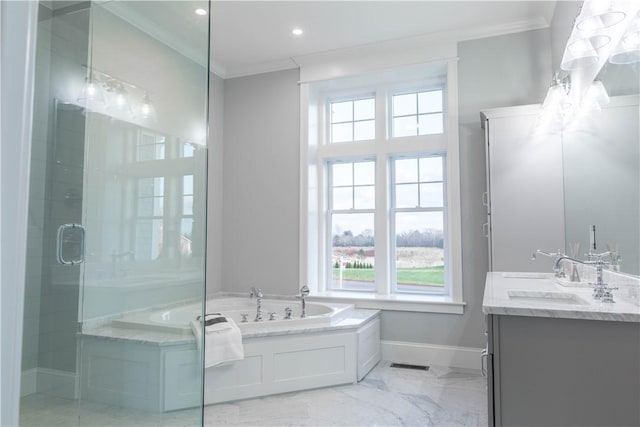 bathroom with independent shower and bath, vanity, a healthy amount of sunlight, and crown molding