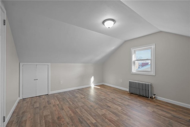 additional living space featuring dark hardwood / wood-style flooring, radiator, and vaulted ceiling