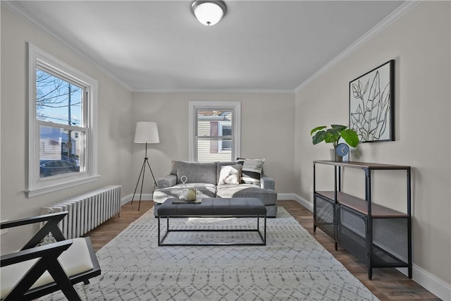 interior space featuring crown molding, radiator heating unit, and dark wood-type flooring