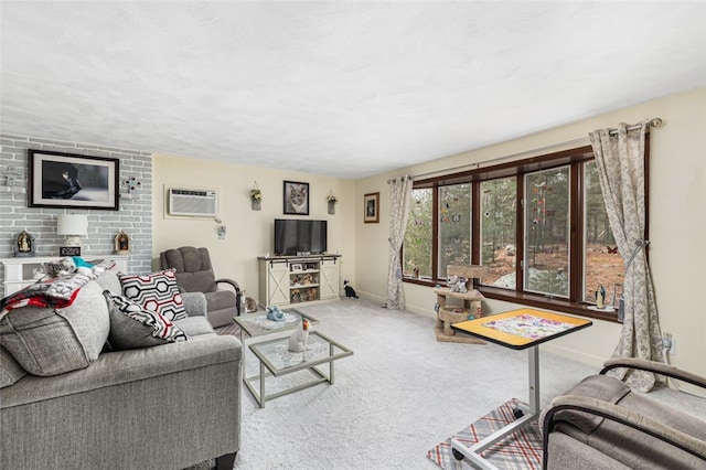 carpeted living room featuring a wall mounted air conditioner