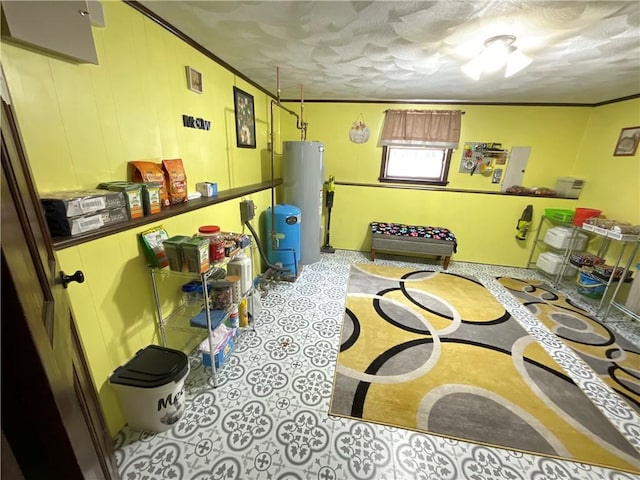 miscellaneous room with water heater, ornamental molding, and a textured ceiling