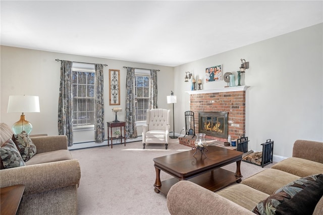 carpeted living room with a baseboard heating unit and a fireplace