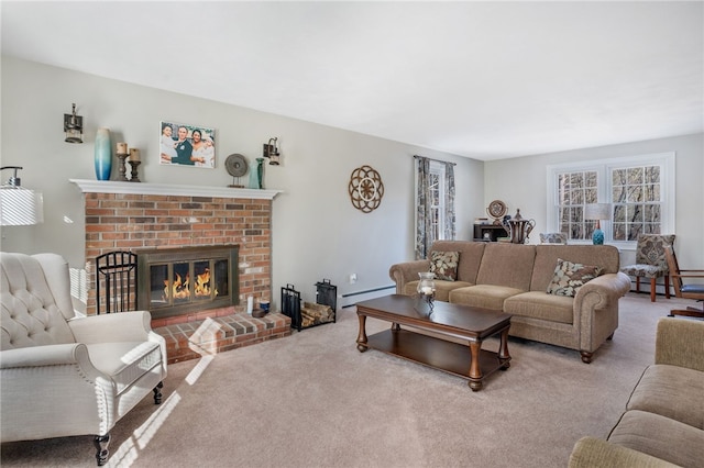 living room featuring a baseboard radiator, a brick fireplace, and light colored carpet