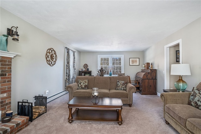 carpeted living room with a baseboard heating unit and a brick fireplace