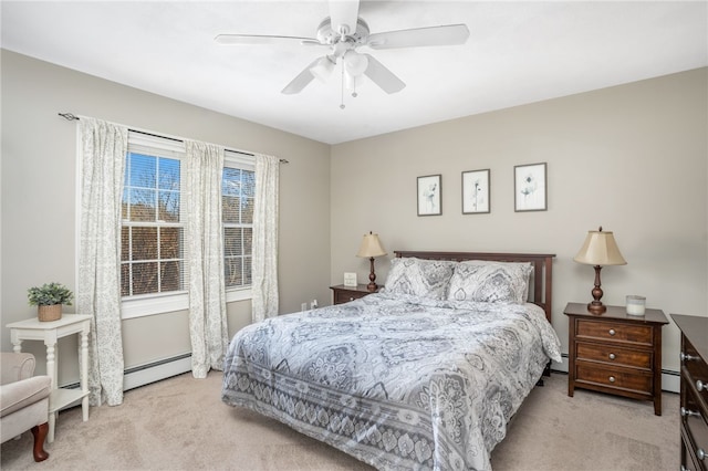 carpeted bedroom with ceiling fan and a baseboard radiator