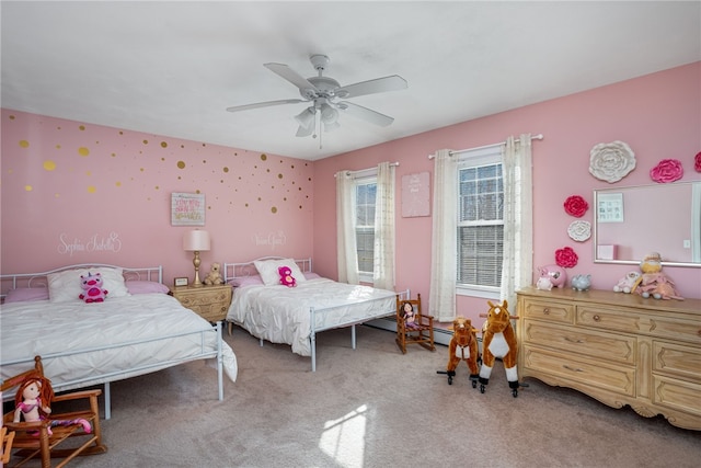 bedroom with light colored carpet and ceiling fan