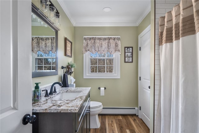 bathroom with vanity, a baseboard radiator, ornamental molding, and wood-type flooring