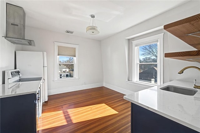 kitchen featuring dark hardwood / wood-style floors, sink, hanging light fixtures, and a wealth of natural light