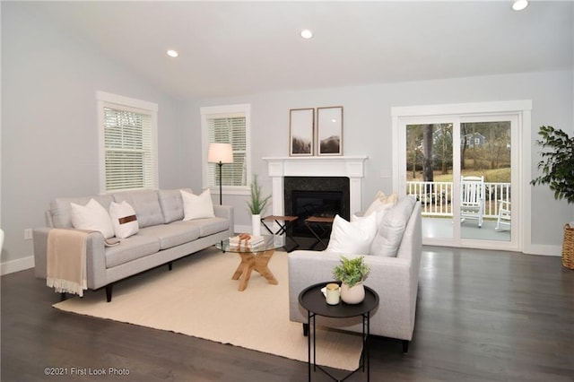 living room featuring dark wood-type flooring and vaulted ceiling