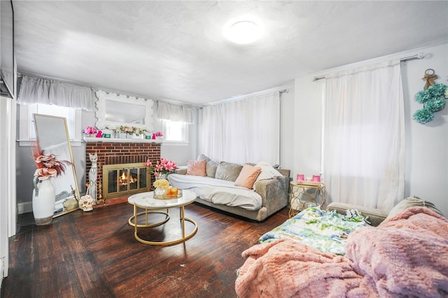 living room featuring dark wood-type flooring and a fireplace