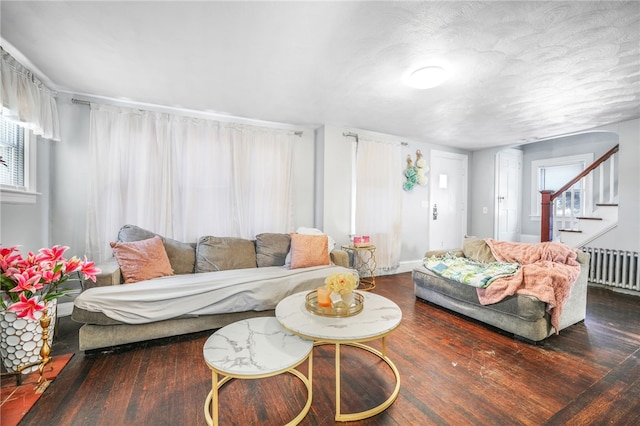 living room featuring radiator heating unit and wood-type flooring