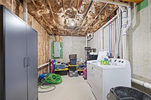 laundry area with electric panel and washer and dryer