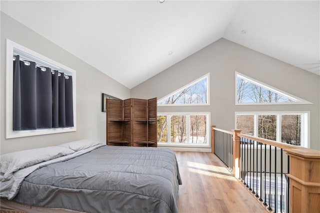 bedroom featuring lofted ceiling and light hardwood / wood-style floors