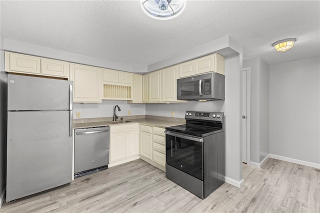 kitchen featuring appliances with stainless steel finishes, sink, a textured ceiling, and light wood-type flooring