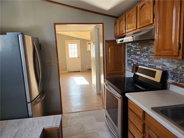 kitchen with lofted ceiling, appliances with stainless steel finishes, sink, and backsplash