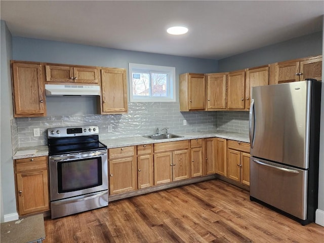 kitchen with appliances with stainless steel finishes, wood-type flooring, sink, and decorative backsplash