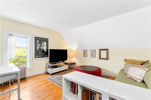 living room with wood-type flooring and vaulted ceiling