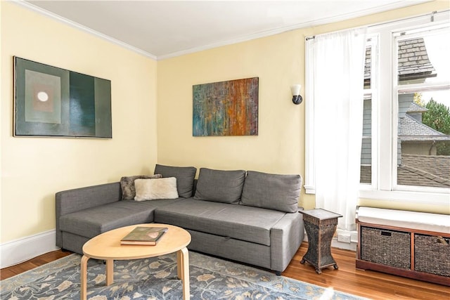 living room with hardwood / wood-style flooring, a wealth of natural light, and ornamental molding