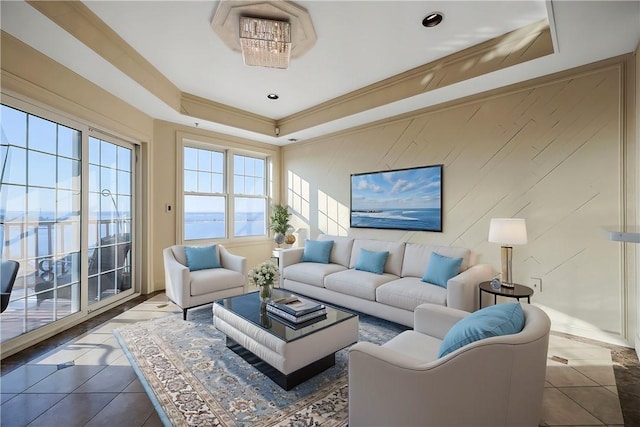 living area featuring a tray ceiling, ornamental molding, and tile patterned flooring