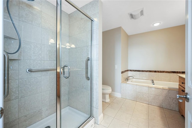 bathroom with tile patterned floors, visible vents, a stall shower, and a bath