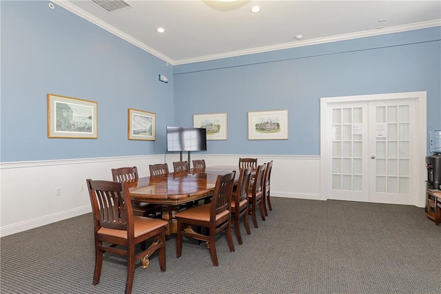 carpeted dining space featuring visible vents, recessed lighting, french doors, crown molding, and baseboards