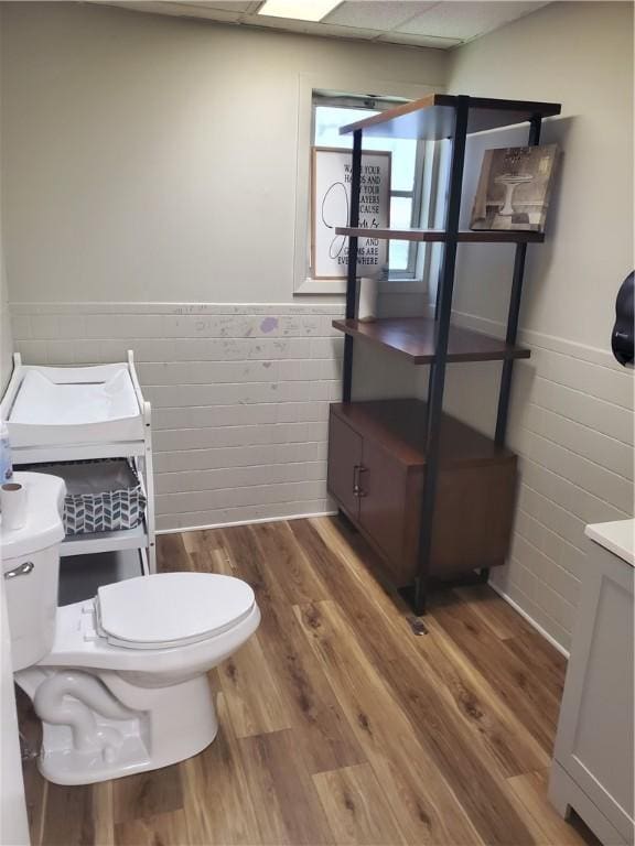 bathroom with vanity, toilet, hardwood / wood-style floors, and tile walls