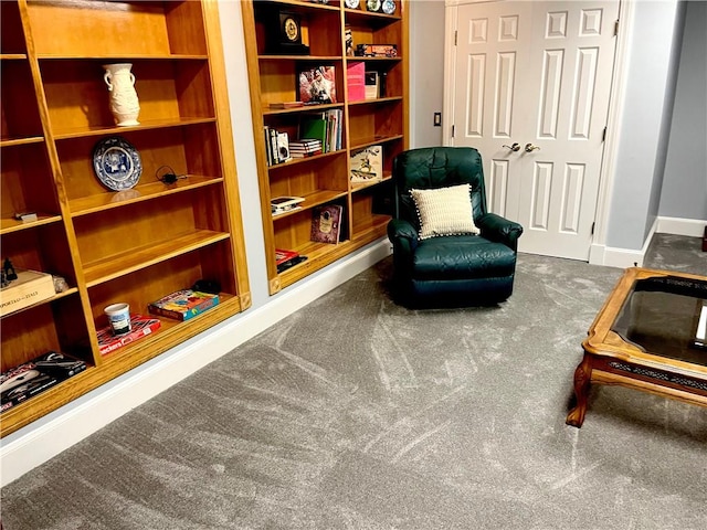 sitting room featuring carpet flooring and baseboards