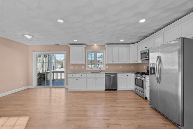 kitchen featuring white cabinetry, sink, stainless steel appliances, and light hardwood / wood-style floors