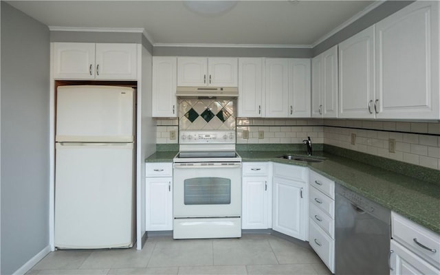 kitchen featuring white cabinetry, sink, and white appliances