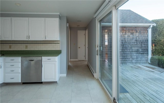 kitchen featuring light tile patterned flooring, a baseboard radiator, dishwasher, decorative backsplash, and white cabinets