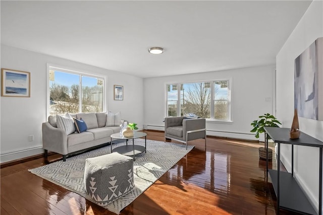 living room featuring dark hardwood / wood-style floors and baseboard heating