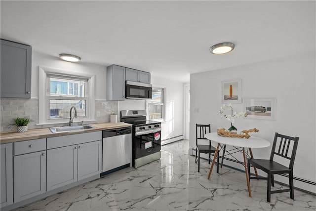 kitchen with sink, butcher block counters, backsplash, gray cabinetry, and stainless steel appliances